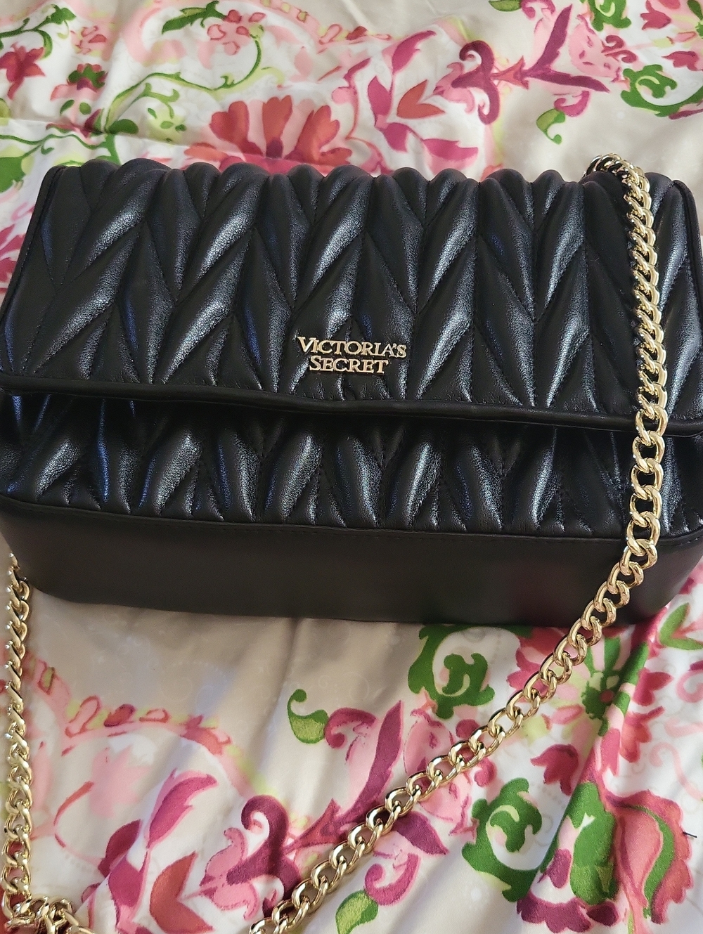 Victoria's Secret Black Quilted Crossbody with Gold Chain